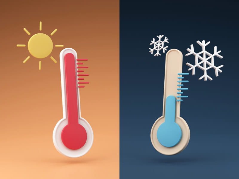 2 graphics of thermometers, one hot and one cold to represent the different seasons for insulation.